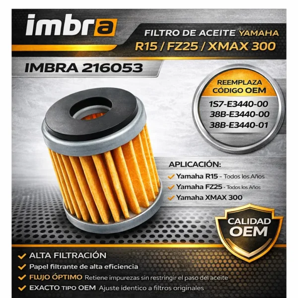 Filtro de Aceite IMBRA para Yamaha FZ25 (Todos los años) / R15 (todas las versiones) / XMAX300 ( Todos los años)